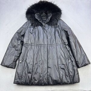 Rosamori Coat Womens Large Black 44in Chest Lamb Nappa Leather Raccoon Fur Trim